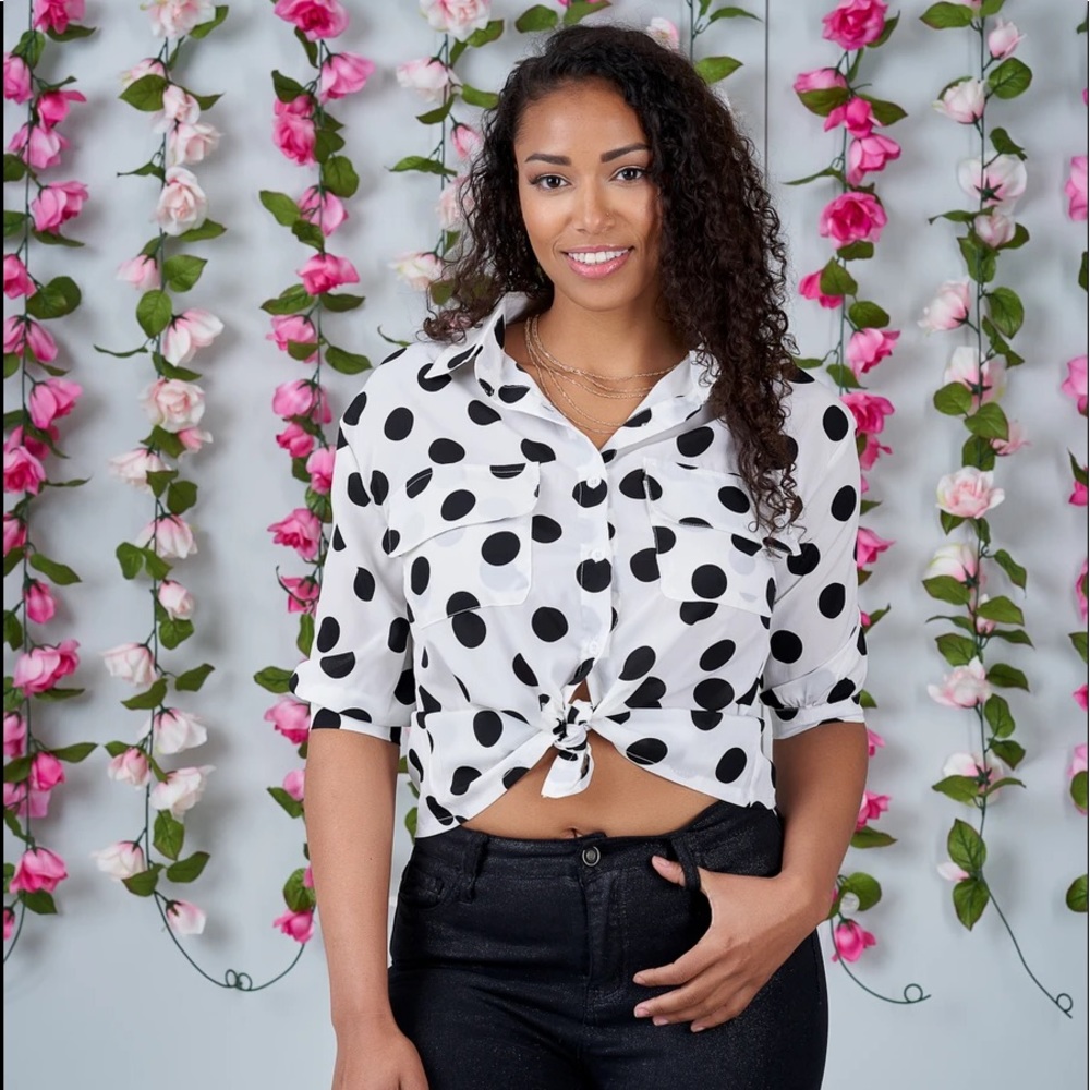 White and Black Polka Dot Button Top